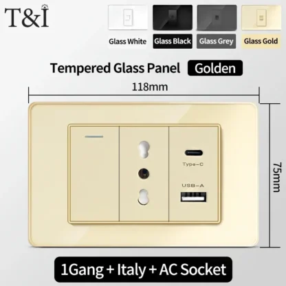 118 Wall Switch Socket with USB Type-C 20W 16A  Fast Charging Italy Chile Schuko Outlet Golden Tempered Glass Panel for Office - Image 23