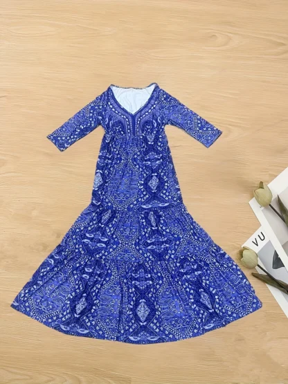 plus-size European and American cross-border  bohemian cropped sleeve high-waisted V-neck printed dress - Image 12