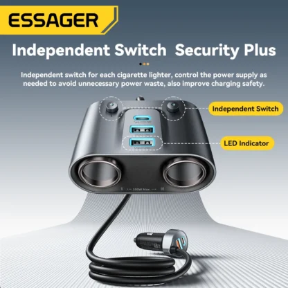 Essager 150W USB C Car Charger 2 in 1 100W Dual Cigarette Lighter Splitter 5 Ports QC 3.0 PD 3.0 Fast Charging For Mobile Phone - Image 5
