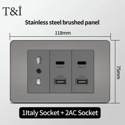 118 US Mexico Grey Stainless Steel Brushed 2way Electrical Light Switch Home Wall Socket Plug Double USB Type-C Power Outlet - Image 15