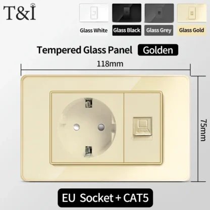 118 Wall Switch Socket with USB Type-C 20W 16A  Fast Charging Italy Chile Schuko Outlet Golden Tempered Glass Panel for Office - Image 11