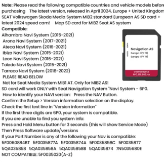 NEW 2024 MIB2 UK/Europe GPS SD Card Alhambra Ateca Arona Toledo Tarraco Ibiza  Leon AS V19 Car Navigation SD Card 32GB