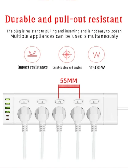 EU Plug Power Strip Multiple Independent Control Outlet Sockets 2m Extension Cord Electrical Socket with 4 USB 2 Type-C Ports - Image 5
