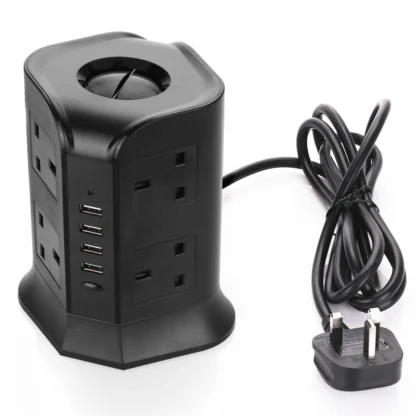 UK Plug Vertical Power Strip British Extension Surge Protectors Tower 8 Outlet 4USB Sockets 2.1A Charge Port 6.5ft Cord 2m Cable - Image 7