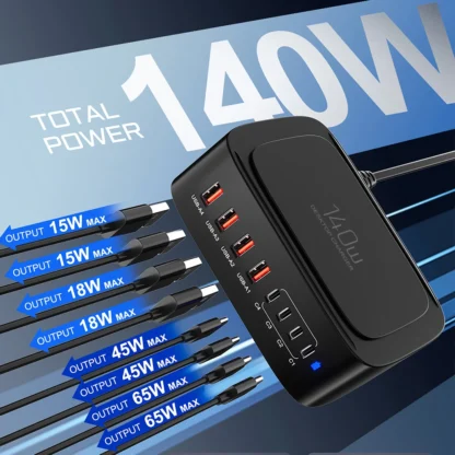 140W 8-Port Multi USB Charger QC3.0 PPS USB C Fast Charger Station For MacBook Laptop Pro Phone iPhone 14 13 Cellphone Charger - Image 8
