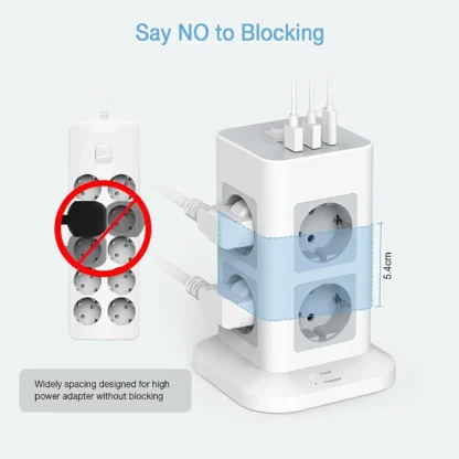 TESSAN Tower Power Strip Multi Outlets with USB A +1 Type C 2M Extension Cable EU Plug Vertical Electric Socket Surge Protection - Image 4