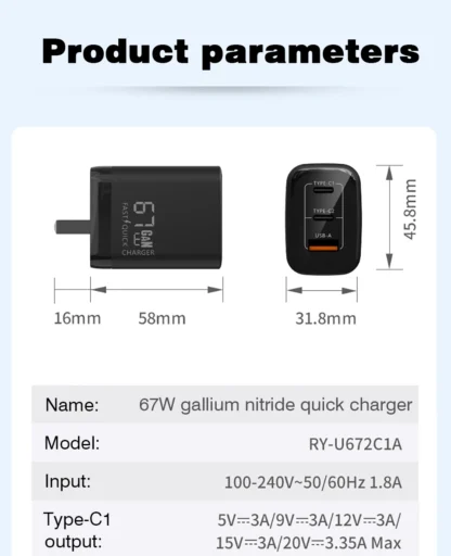 GaN 67W Quick charger type c pd 65w Super fast charger USB C and USB A 3 Ports with QC 4.0 3.0 for Samsung iPhone 15 Pro Laptop - Image 31