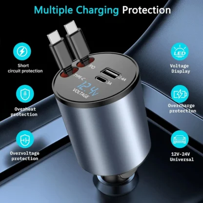 4 in 1 Car Charger 31.5" Retractable Cable 100W Super Fast USB C Car Charger Dual USB Ports Voltage Display For iPhone Samsung - Image 14