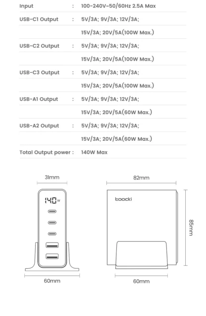 Toocki 140W GaN USB Charger 5in1 Desktop Fast Charge USB Type C Charger LED Display Charger For iPhone Xiaomi Smartphone Laptop - Image 29