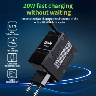 20W GaN Charger With Retractable Lightning & Type C Cable For iPhone  16 15 14 Type C Fast Charge Wall Charger Travel Charger
