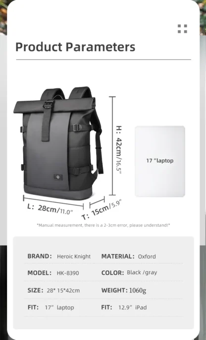 HK Waterproof Roll-Top Backpack for Men Large Capacity Expandable 17 Inch Laptop Bag Leisure Travel Backpack Hiking Camping Bags - Image 12