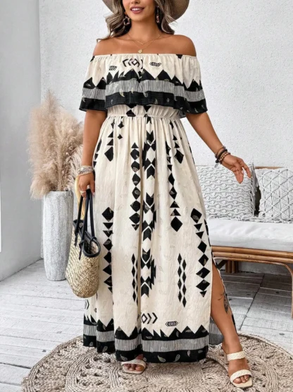 【Plus Size】 Patchwork Print Off Shoulder Dress, Casual Fashion Long Sleeve Dress for Daily Outdoor Wear, Women Plus Clothing for - Image 3