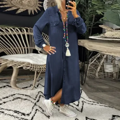 Women's L-5XL Plus Size  Fashion Long Dress Long Sleeve Shirt Dress Women's Denim Long Dress Pocket Button Shirt Casual Loose - Image 9