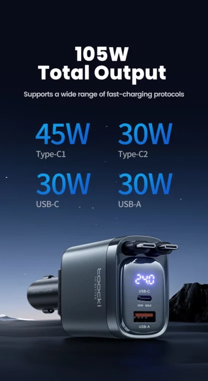 Toocki 105W USB C Car Charger with Dual Retractable Type-C Cable Digital Display 180° Design Fast Charge for iPhone 16 Huawei - Image 10
