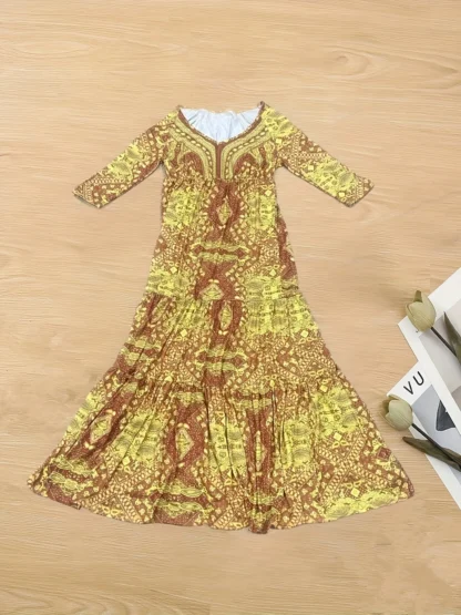 plus-size European and American cross-border  bohemian cropped sleeve high-waisted V-neck printed dress - Image 15