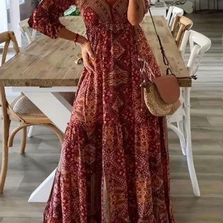 plus-size European and American cross-border  bohemian cropped sleeve high-waisted V-neck printed dress