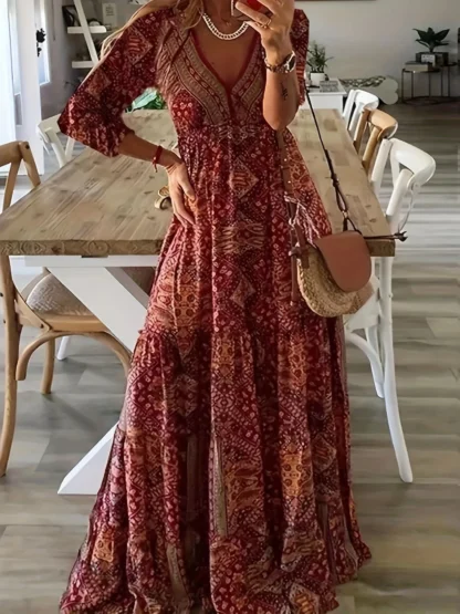 plus-size European and American cross-border  bohemian cropped sleeve high-waisted V-neck printed dress