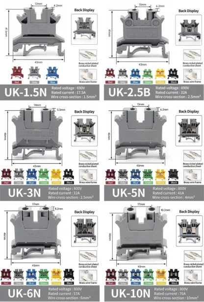 High Quality UK Terminals Screw Clamp Connector for Wiring,Brass DIN Rail Connector, UK1.5N/2.5B/3N/5N/6N/10N/16N/25N/35N/50N - Image 21
