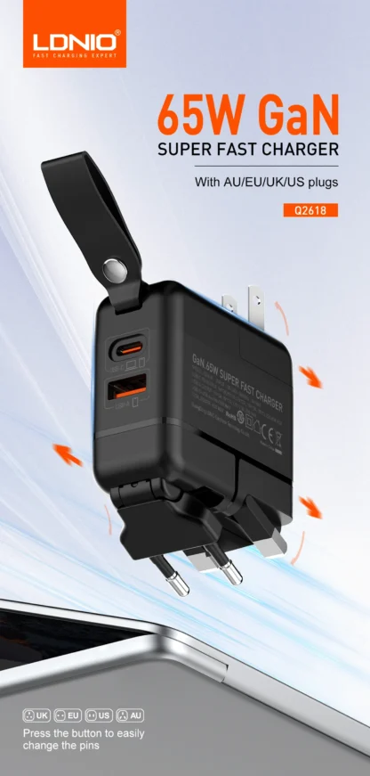 LDNIO 65W USB C Charger GaN Travel Charger 2 USB Fast Charging Ports Universal Travel Adapter UK/EU/USA/AUS plug for Laptops - Image 8