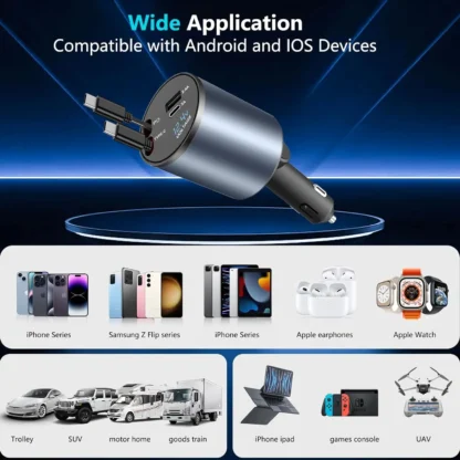 4 in 1 Car Charger 31.5" Retractable Cable 100W Super Fast USB C Car Charger Dual USB Ports Voltage Display For iPhone Samsung - Image 13