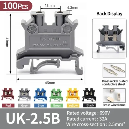 High Quality UK Terminals Screw Clamp Connector for Wiring,Brass DIN Rail Connector, UK1.5N/2.5B/3N/5N/6N/10N/16N/25N/35N/50N - Image 17