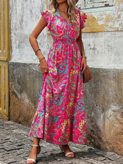 Plus Size 2025 New Women's V-Neck Flutter Sleeve Botanical Floral Vibrant Fashion Dress Beach Seaside - Image 3
