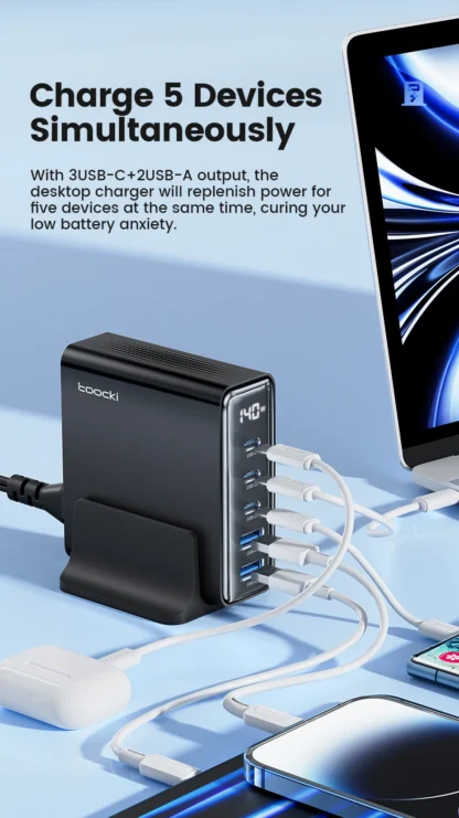 Toocki 140W GaN USB Charger 5in1 Desktop Fast Charge USB Type C Charger LED Display Charger For iPhone Xiaomi Smartphone Laptop - Image 18