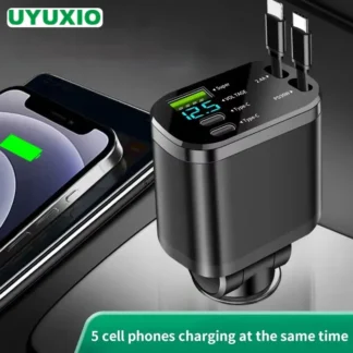 UYUXIO Retractable USB C Car Charger 66W Super Fast Charging Adapter with Cable Voltage Display for iPhone 16 15 14 13 Samsung