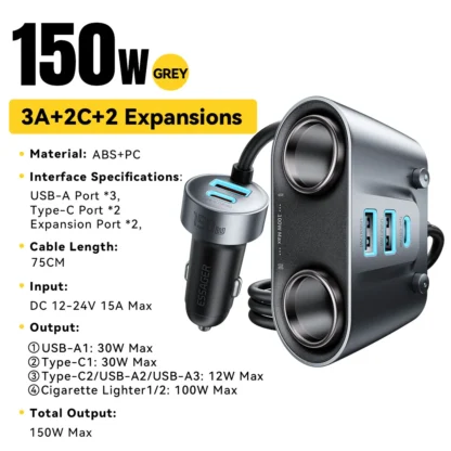Essager 150W USB C Car Charger 2 in 1 100W Dual Cigarette Lighter Splitter 5 Ports QC 3.0 PD 3.0 Fast Charging For Mobile Phone - Image 7