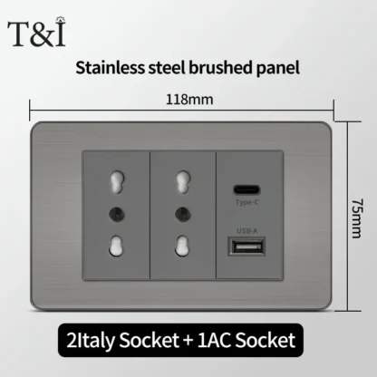 118 US Mexico Grey Stainless Steel Brushed 2way Electrical Light Switch Home Wall Socket Plug Double USB Type-C Power Outlet - Image 10