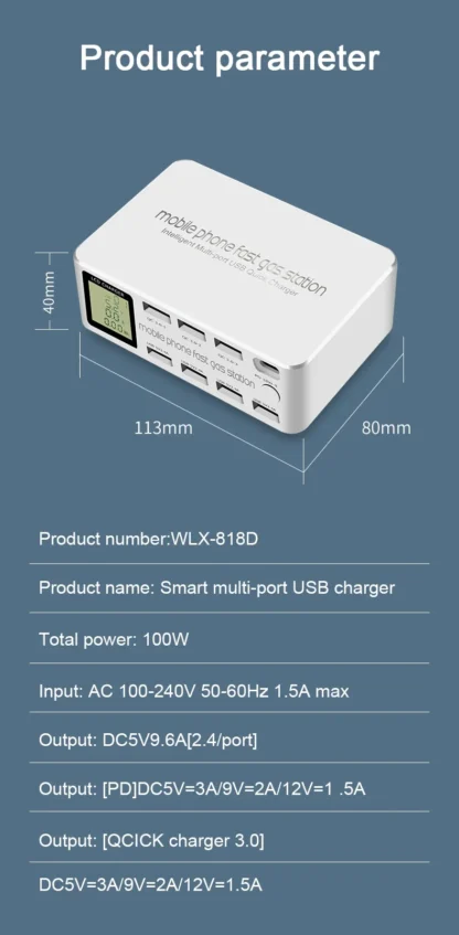 100W 8 Ports USB Charger QC3.0 Quick Charge Multi Fast Charging Station LED Display 20W PD Fast Socker for IPhone Samsung Xiaomi - Image 17