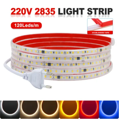 AC220V LED Strip Lights EU UK Plug SMD2835 120LEDs/m Waterproof Lamp With Adhesive Tape Warm/Natural/Cool White Red Blue Yellow - Image 13