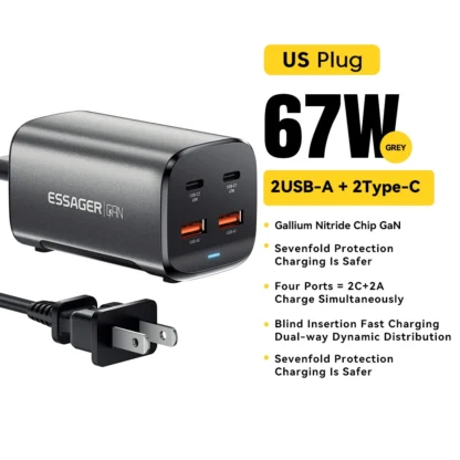 Essager 67W USB C GaN Charger Desktop Quick Charge 4.0 QC 3.0 PD Type C Fast Charging For MacBook Samsung POPC iPhone 15 Laptop - Image 7