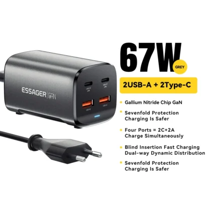 Essager 67W GaN USB C Charger Quick Charge 4.0 QC 3.0 PD USB-C Type C  Desktop Fast Charger For MacBook Samsung iPhone 15 Laptop - Image 8