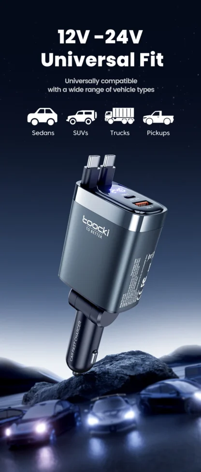 Toocki 105W USB C Car Charger with Dual Retractable Type-C Cable Digital Display 180° Design Fast Charge for iPhone 16 Huawei - Image 20