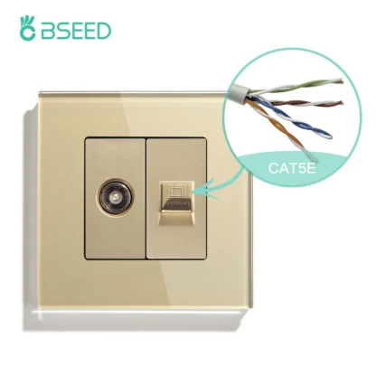 BSEED Single TV CAT5 Internet Socket Double EU Power Socket Triple Germany  With RJ45 Television Wall Sockets Glass Frame - Image 9