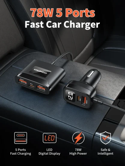 ASOMETECH 5 Port USB Car Charger 78W SCP PPS AFC USB Type C Fast Charging For iPhone 14 13 Pro Huawei Xiaomi Samsung S22 Ultra - Image 9