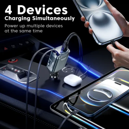 Toocki 105W USB C Car Charger with Dual Retractable Type-C Cable Digital Display 180° Design Fast Charge for iPhone 16 Huawei - Image 5