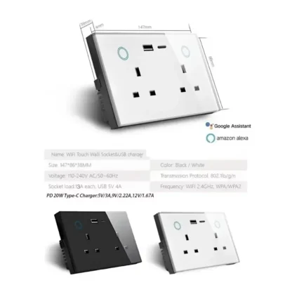Shawader Zigbee Smart Tuya USB PD 20W Type C Charge Wall Socket UK Plug Outlet Touch Switch Wireless Remote by Alexa Google Home - Image 3