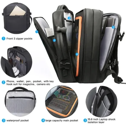 HK Business Backpack for Men Waterproof Anti-Theft 15.6” Laptop Backpack Casual Large Capacity Expandable Travel Bag Short Trip - Image 5