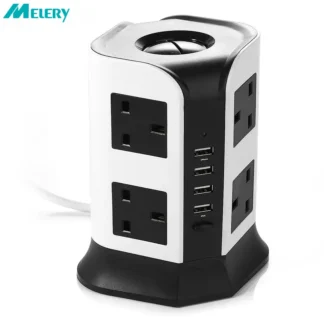 UK Plug Vertical Power Strip British Extension Surge Protectors Tower 8 Outlet 4USB Sockets 2.1A Charge Port 6.5ft Cord 2m Cable