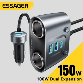 Essager 150W USB C Car Charger 2 in 1 100W Dual Cigarette Lighter Splitter 5 Ports QC 3.0 PD 3.0 Fast Charging For Mobile Phone