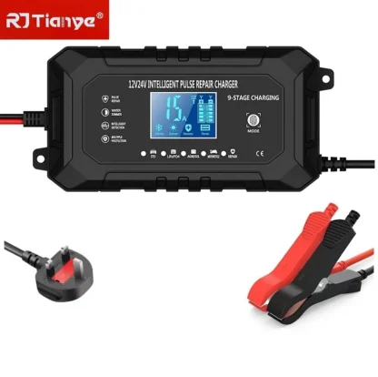 UK Plug Smart Car Battery Charger 12V15A/24V8A LCD Display Pulse Repair for AGM Gel Wet Lead Acid Lithium Batteries - Image 9