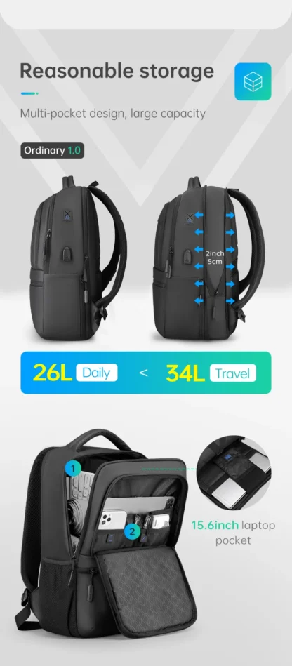 MarkRyden Fady: Expandable Lightweight USB Charging Laptop Backpack with Anti-theft Backpack Men Backpack Black Backpack - Image 10