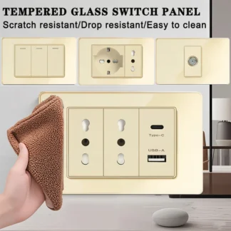 118 Wall Switch Socket with USB Type-C 20W 16A  Fast Charging Italy Chile Schuko Outlet Golden Tempered Glass Panel for Office