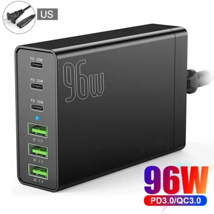 96W 6-Ports Desktop USB Charging Station with 3 USB-C Ports and 3 QC3.0 Ports, PD 20W Fast Charger for iPhone 13 iPad Samsung - Image 7