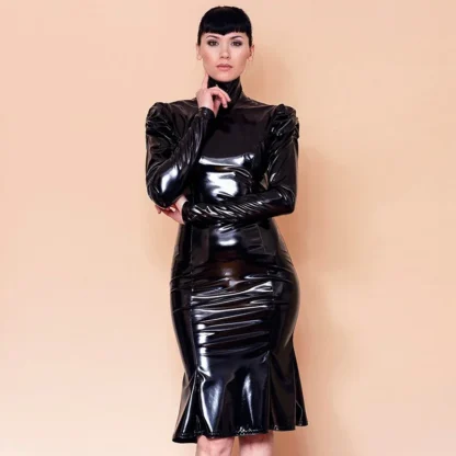 Women Black Shiny Faux Leather Plus Size Mid Dresses Fashion Ladies Long Glossy PU Dress New Casual Hot Party Clubwear Dress - Image 4