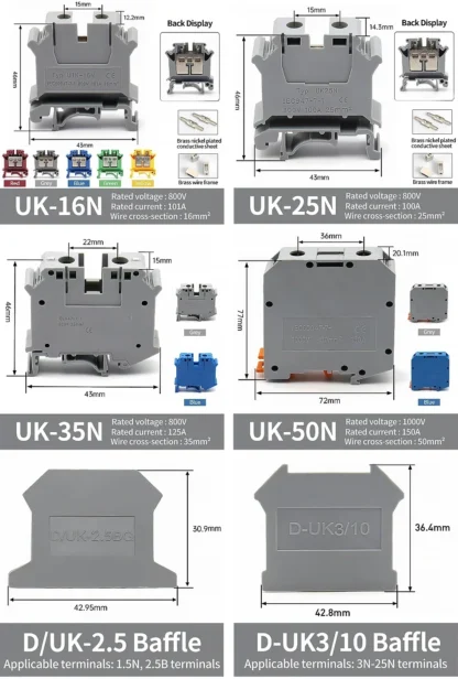 High Quality UK Terminals Screw Clamp Connector for Wiring,Brass DIN Rail Connector, UK1.5N/2.5B/3N/5N/6N/10N/16N/25N/35N/50N - Image 22