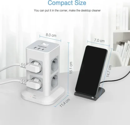 TESSAN Tower Power Strip Multi Outlets with USB A +1 Type C 2M Extension Cable EU Plug Vertical Electric Socket Surge Protection - Image 18