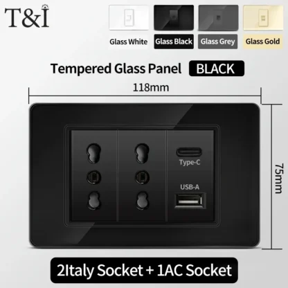 118 Series Black Tempered Glass Wall Switch Socket Italy Standard 16A Outlet with USB Type-C 20W Fast Charging for Home Office - Image 20